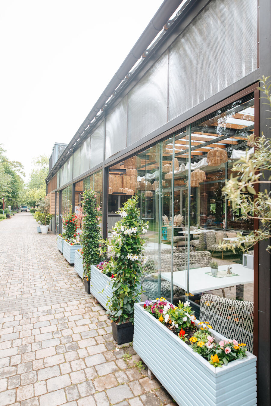 A Le Bistro üvegfrontos homlokzata, virágládákkal a bejáratnál